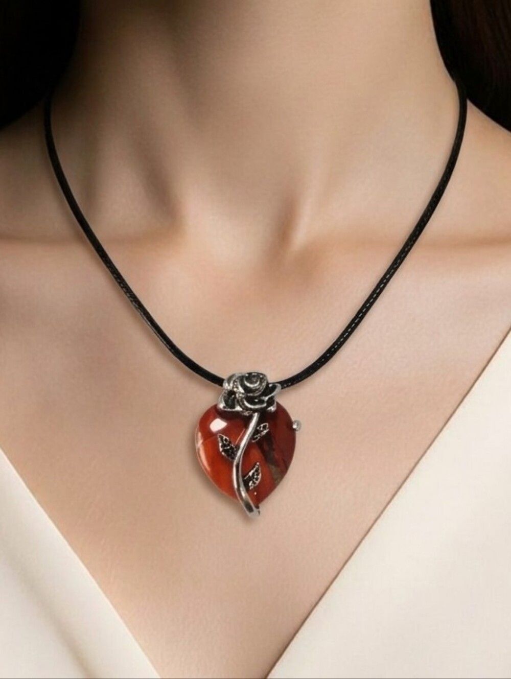 Red Tiger Eye Heart Rose Necklace Natural Stone Gothic Cottagecore Pendant